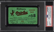 1958 Baltimore Orioles PSA Ticket  Pass Hoyt Wilhelm No-Hitter GM/8k Mantle K ⚾️
