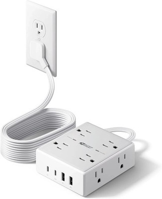 10Ft Extension Cord with Multiple Outlets, Flat Plug Surge Protector Power Strip
