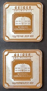 Geiger Edelmetalle 2x Schloss Guldengossa 10g .999 Silver Bars w/ Assay