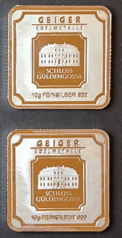 Geiger Edelmetalle 2x Schloss Guldengossa 10g .999 Silver Bars w/ Assay