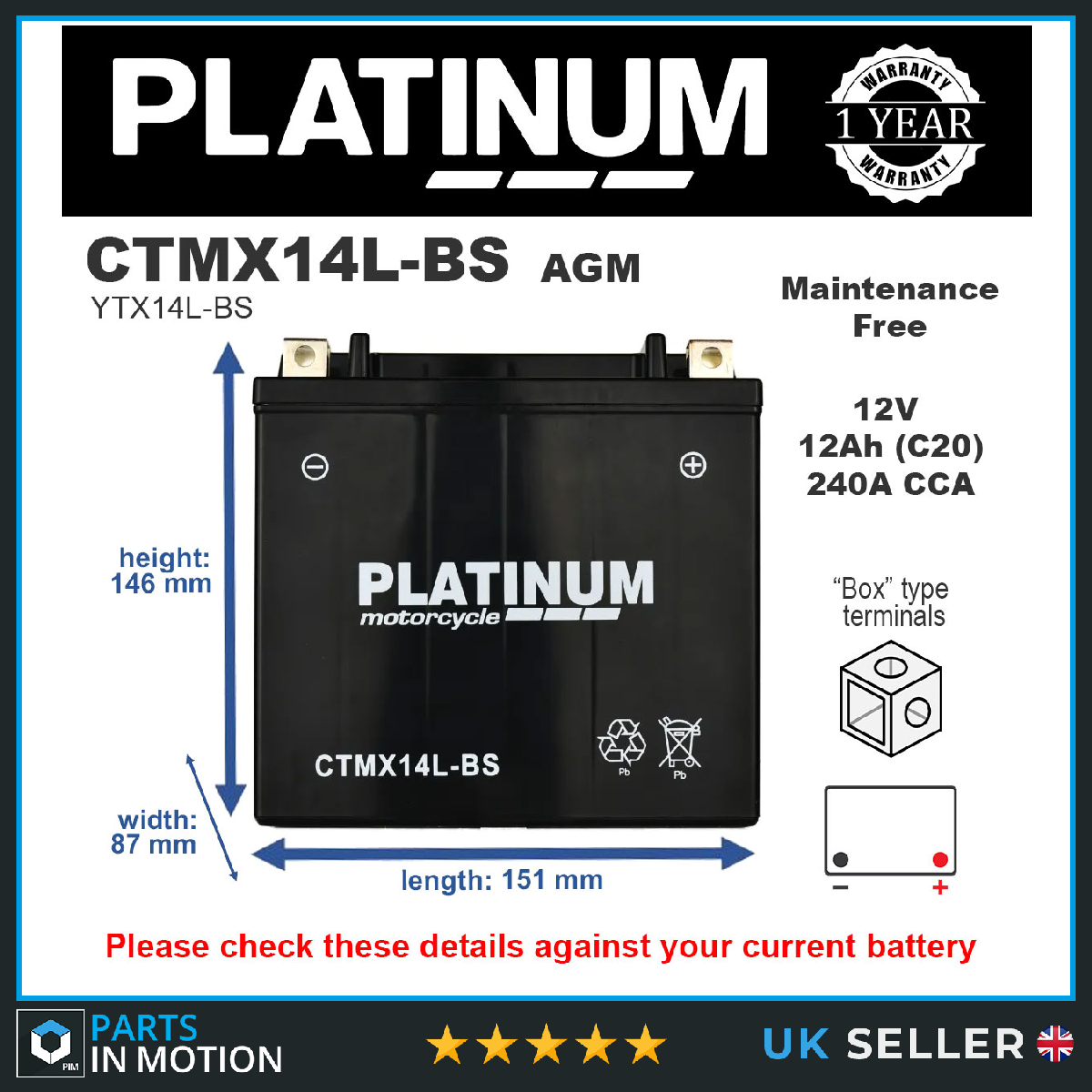 AGM Motorcycle Battery Bike Motorbike CTMX14L-BS Platinum