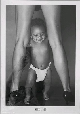 Vintage 90s B&W Poster Dave Evans Peek-A-Boo 61x43cm Toddler & Mother Long Legs