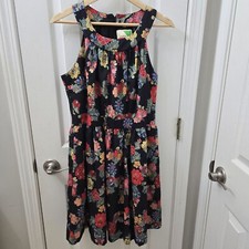 Fervour Modcloth Dress Womens Large Fit & Flare Black Floral Halter Sleeveless