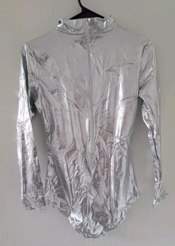 Women's Adult Silver Neon Bodysuit Back Zipper Long Sleeve size S/M NWOT - Picture 2 of 11