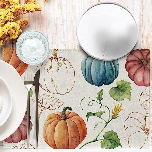 Fall Colorful Teal Pumpkin Placemats Placemats 12''X18'' Watercolor Pumpkin - Picture 4 of 6