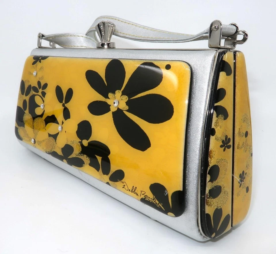 Bolso sin asas DEBBIE BROOKS NY dorado y marrón esmalte plateado espejo 9" de ancho Foto 4 de 4