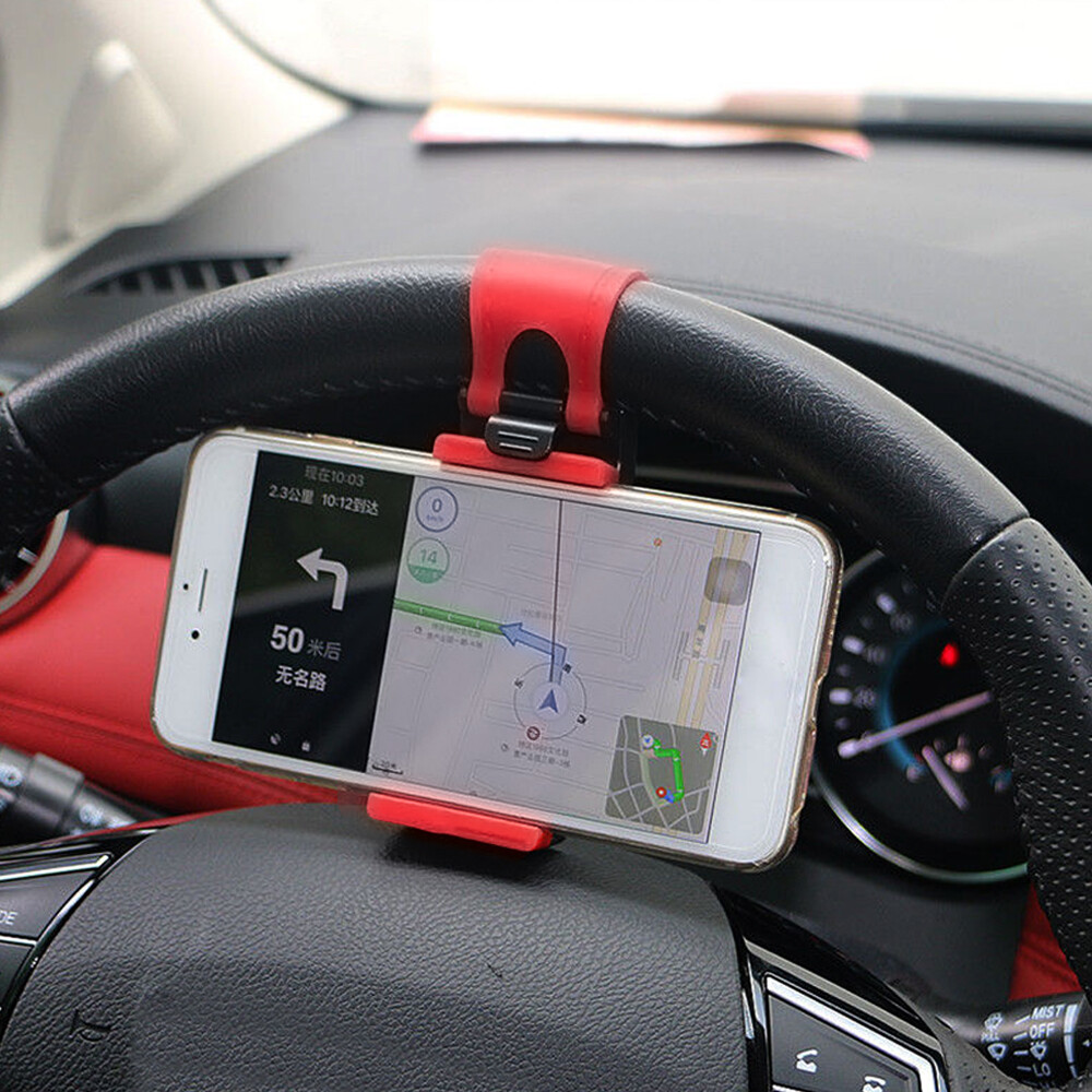 1× Red Car Interior GPS Phone Holder Mount Stand Steering Wheel Clip Accessories