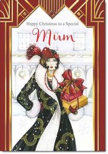 Doodlecards Mum Christmas Card Art Deco Lady with Christmas Gift