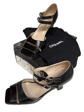 Chanel Black Leather Two Strap Open Toe Sandals Heels 39.5  US 9 + Box & Bags