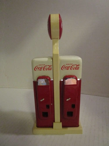 Vintage Aluminum Coca Cola Vending Machine Salt & Pepper Shakers w/Plastic Stand