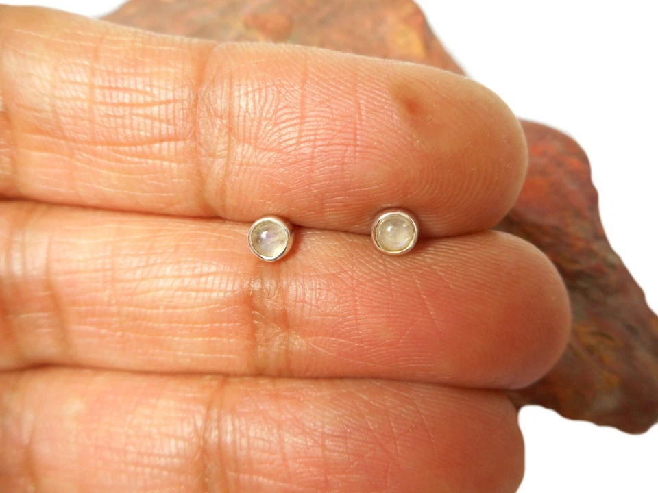 Small  Round MOONSTONE  Sterling  Silver  925 Gemstone  Stud  Earrings - 3 mm - Image 2 of 4