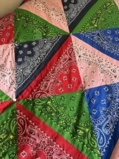 Vintage HAV A HANK Hand Made Handkerchief Quilt Made In USA Colorful Twin Size