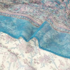 Sanskriti Vintage Sarees Ivory/Blue Pure Chiffon Silk Printed Sari Craft Fabric