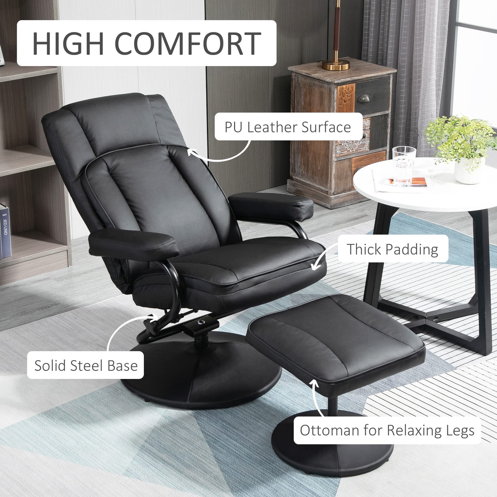 HOMCOM Swivel Recliner, Manual PU Leather Armchair with Ottoman Footrest for