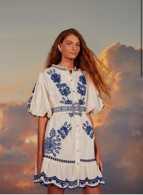 Farm Rio Richelieu Embroidered Belted Mini Dress White Blue Linen Size M  NWT | eBay