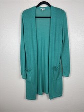 J Jill Linen Blend Duster Cardigan Women's X-Small Teal Green Long Open Front