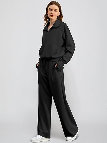 Women's 2 Piece Outfits Lounge Set Half Zip Wide Leg Set Sweatsuit Tracksuit - Picture 84 of 114