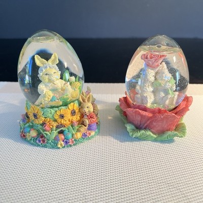 Two Egg Shaped Spring Water Globe Bunny Rabbits Decor