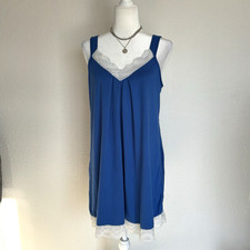 Ekouaer Nightgown Women Large Blue Stretch Lace Trim Sleeveless V-Neck Sleepwear