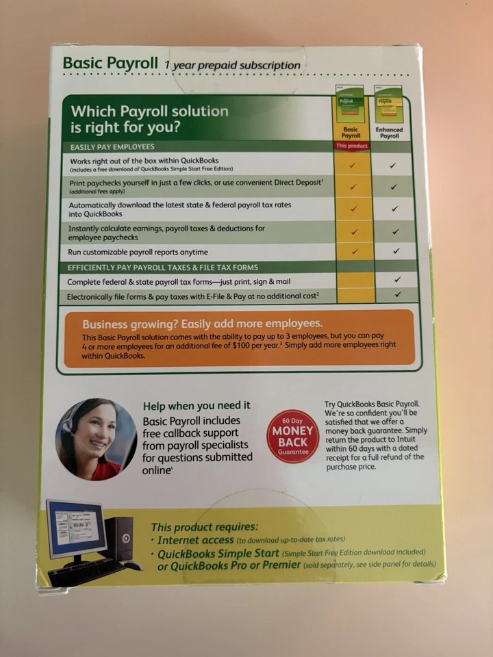 Intuit QuickBooks Basic Payroll 2008 Small Business 1-3 Employee New Sealed - Image 2 of 4