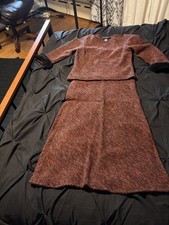 Brown Tweed Top  Skirt Set with Faux Fur Cuffs, 2 Piece Outfit, Long Sleeve