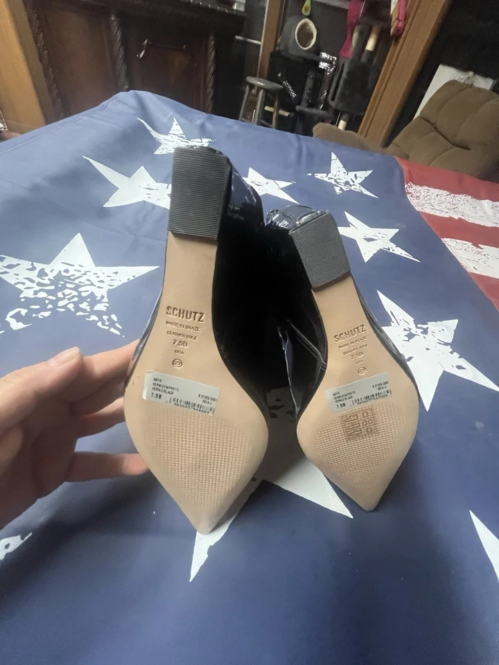 Schutz Pointed Toe Boots Ankle Inner Zip Wedge 4” Heel. Patent Black Leather - Image 4 of 4