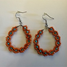 Orange Blue Beaded Teardrop Dangle/Drop Earrings Hook Closure Lobe