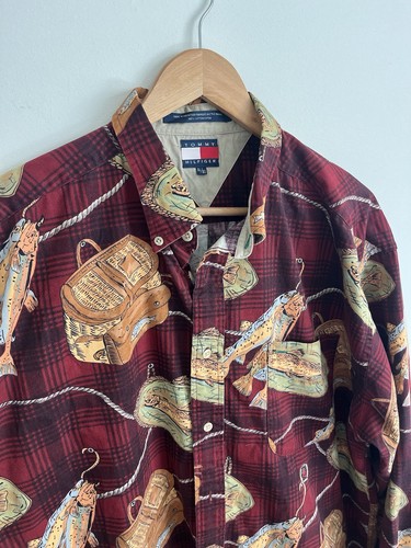 Vintage Men's XL Tommy Hilfiger Long Sleeve Fishing Graphic Button Up Shirt Y2K