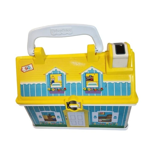 Vintage Fisher Price Little People House Carry Case Yellow Blue Toy Storage Box