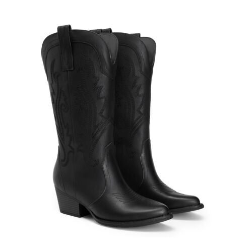 Women Western Mid Calf Boots Pointed Toe Low Heel Cowboy Cowgirls Boots - Picture 5 of 58