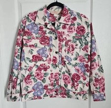 Vintage Cottage Floral Denim Jacket Womens 8 Cream Pink Roses Artsy Grandma Core