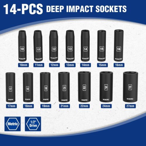 WORKPRO 14PCS 1/2" Drive Deep Impact Socket Sets 10mm-27mm w/Case 6-Point Metric - Picture 2 of 8