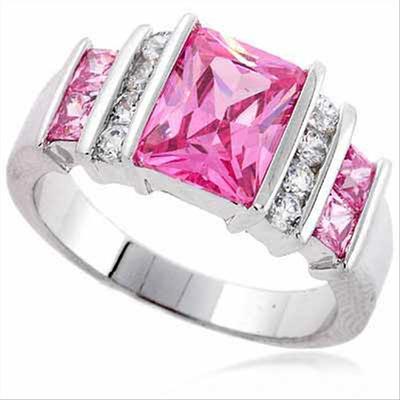 925 Silver Rectangle Pink CZ & Clear CZ Ring Size 10