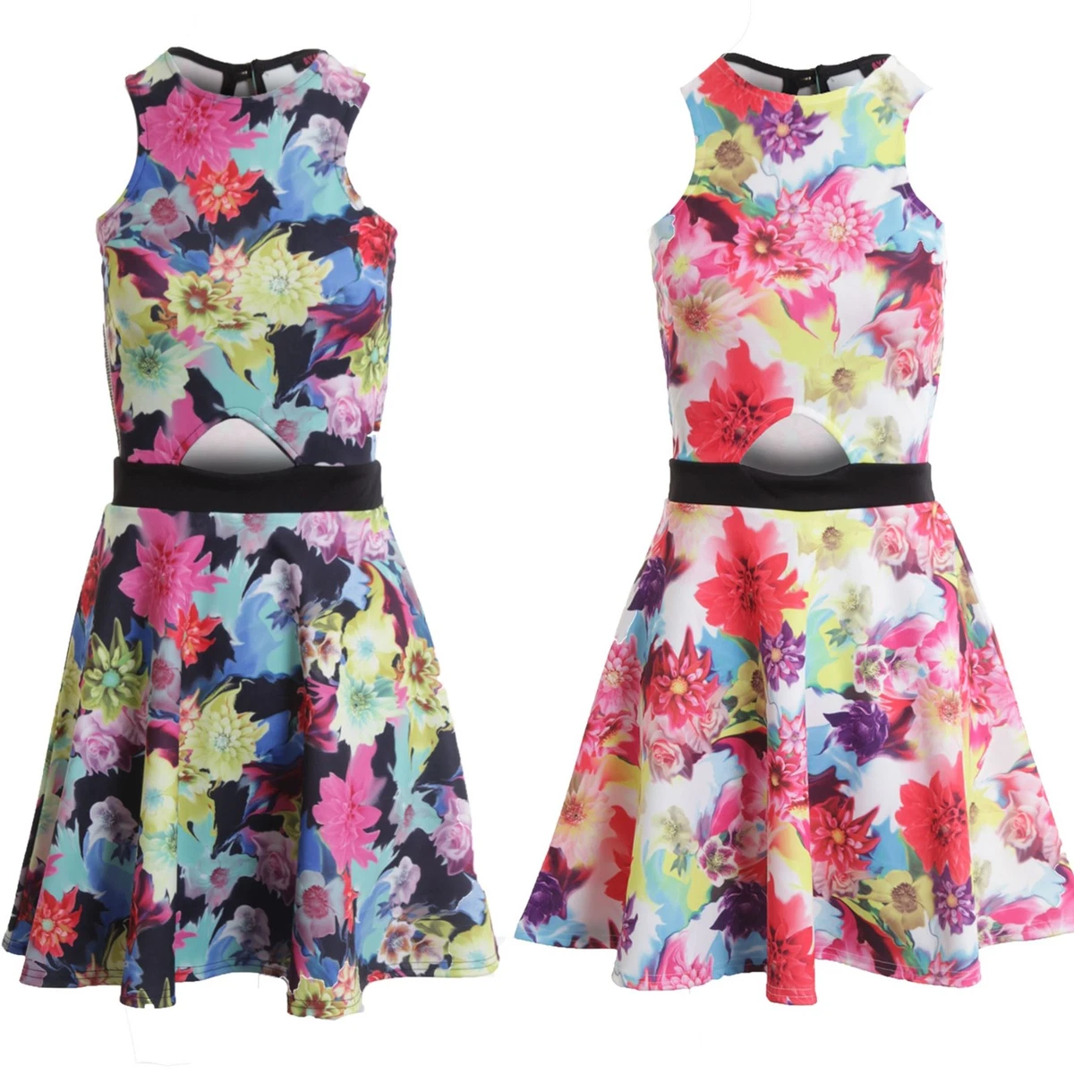 Ladies Sleeveless Front Cut Out Floral Print Women s Skater Dress