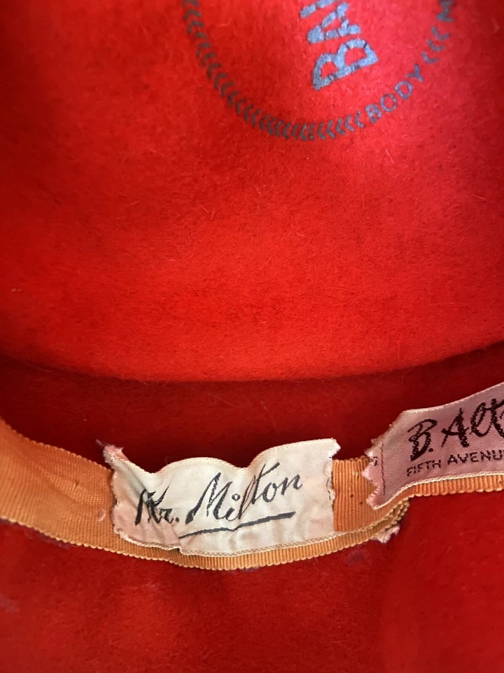 Vintage Mr Milton B Altman Ladies Red Velour Hat Ballet Brand New York Fifth Ave - Image 2 of 4