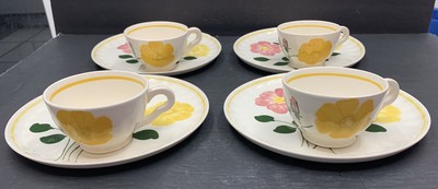 Blue Ridge Pottery Pink Yellow Floral 8 Pc Dessert Set Saucer Plate & Coffee Cup