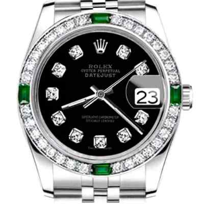 Womens Rolex Datejust 26 mm Black Diamond Accent Dial Emerald & Diamond Bezel