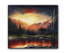 Original Acrylic Landscape Painting  12x14" GLOWING SUNSET FOREST LAKE Wall Art