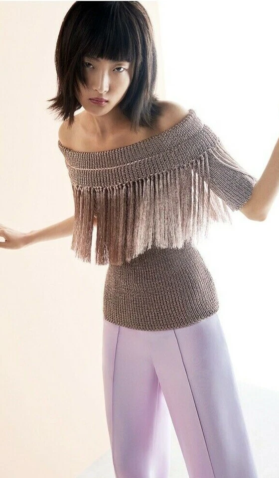 Stunning Julianna Bass Off Shoulder Fringe Sweater Heavy Metallic Gold Top $725 - Image 2 of 4