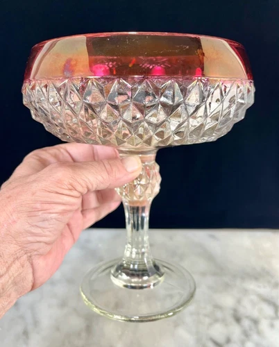 Indiana Glass Compote Diamond Point Pattern & Ruby Red Rim Pedestal Dish