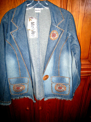 Mohito Womens Jean Jacket Small Blue Denim Boho Sequin Fringe Embroidered NWT