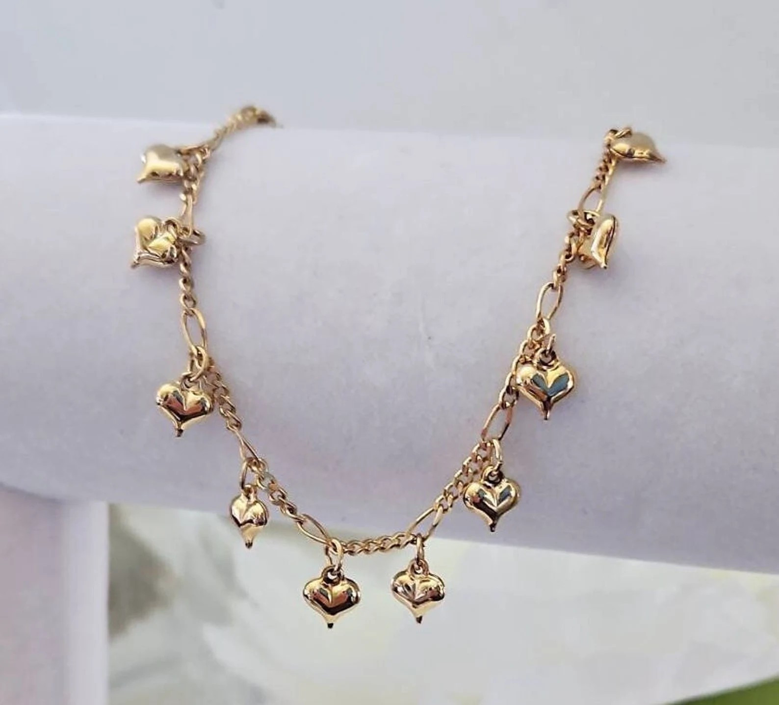 Gold Bracelet, Anklet or Choker, Dangling Hearts, 14k Heavy Plated Gold,