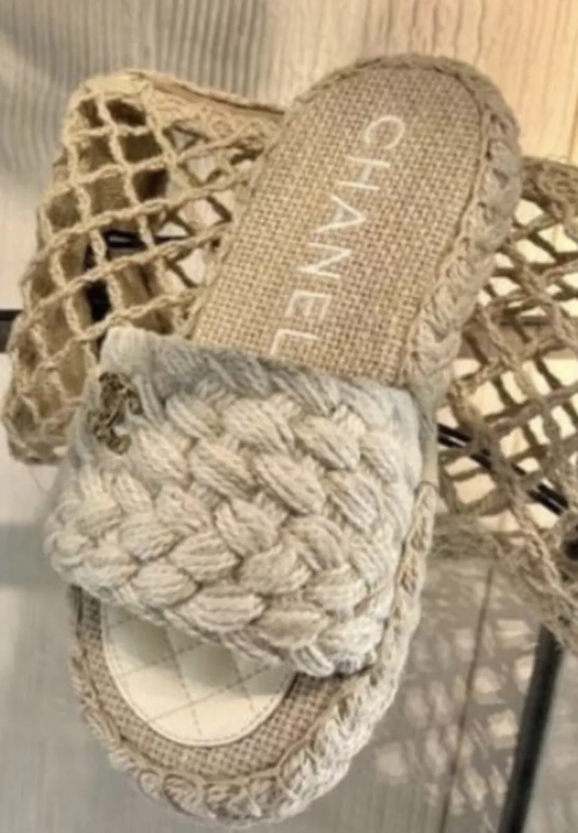 Chanel beige slides hot sale