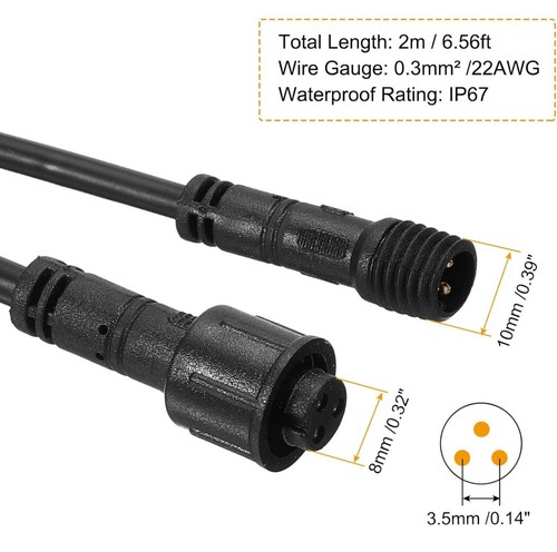 2Pcs 6.56ft 3 Pin Extension Cable Wire 22 AWG Waterproof IP67 Connectors - Picture 3 of 13