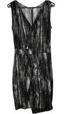 T Tahari Faux Wrap Dress Women's 4 Black Animal Print Sheath Stretch Sleeveless