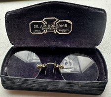 Antique 1900s Rimless Pince Nez Glasses w/ Case Dr J M Brahams Brooklyn NY