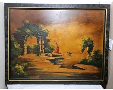 Mid Century Modern Original Art Surrealist A Great Sun Set Oil on Masonite Signe