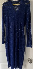 Women's Blue Sequin Lace V-Neck Long Sleeve Sheath Knee Dress Size M