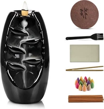 Ceramic Backflow Incense Holder Smoke Waterfall Burner Set with 120 Black 