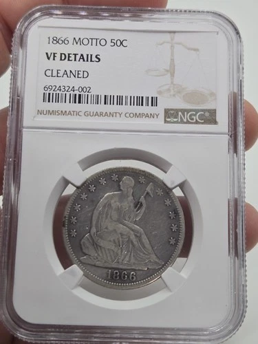 1866  50C LIBERTY SEATED HALF DOLLAR "MOTTO" NGC VF DETAILS CLEANED